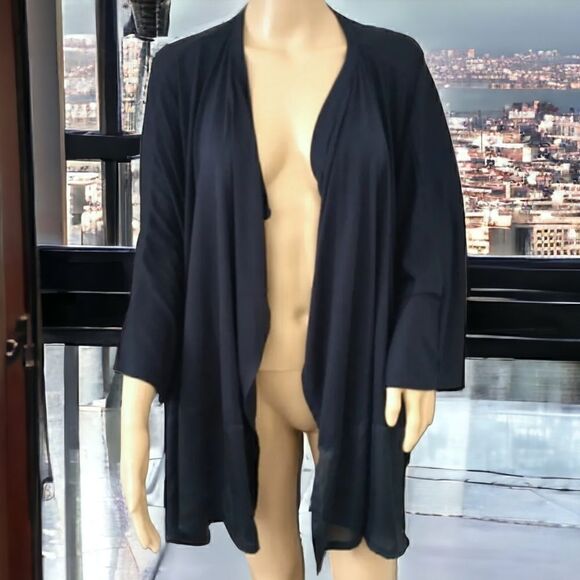 Natori Kimono L Navy Blue Cardigan Dolman Batwing Sleeve Satin Trim Sheer Flowy - Picture 16 of 16